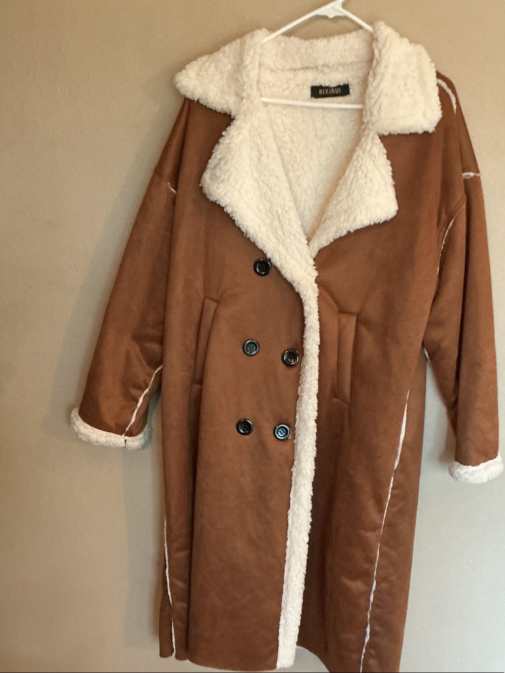 Stylish Women's Brown Faux Suede Shearling Coat - Cream Trim
